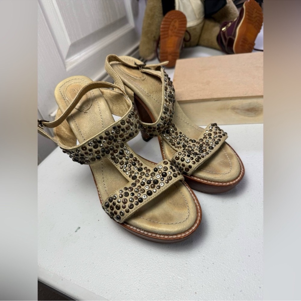 FRYE SUEDE Studded Gold Platform Heels - Picture 11 of 11